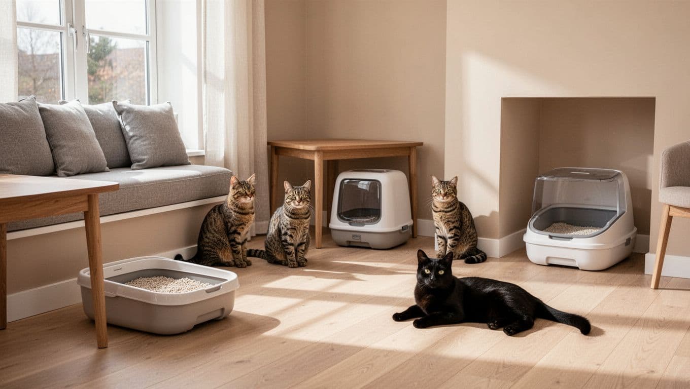 In a bright minimalist Scandinavian living room, a tabby and a black cat relax near three clean modern litter boxes placed discreetly in the corner, under a table, and by the window.