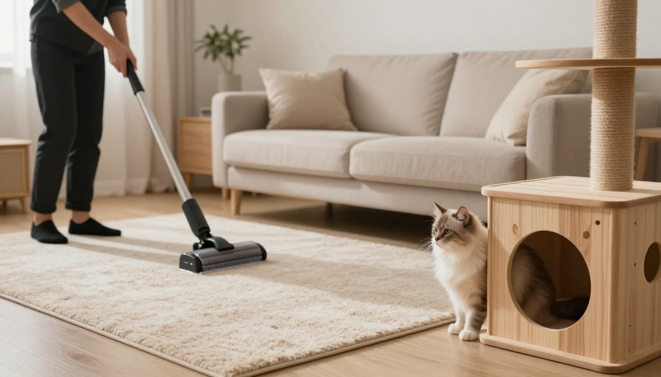 A person thoroughly vacuums a plush beige carpet in a bright modern minimalist Scandinavian living room near the sofa, while a calm fluffy cat watches contentedly from a sturdy light wooden cat tree in the foreground.