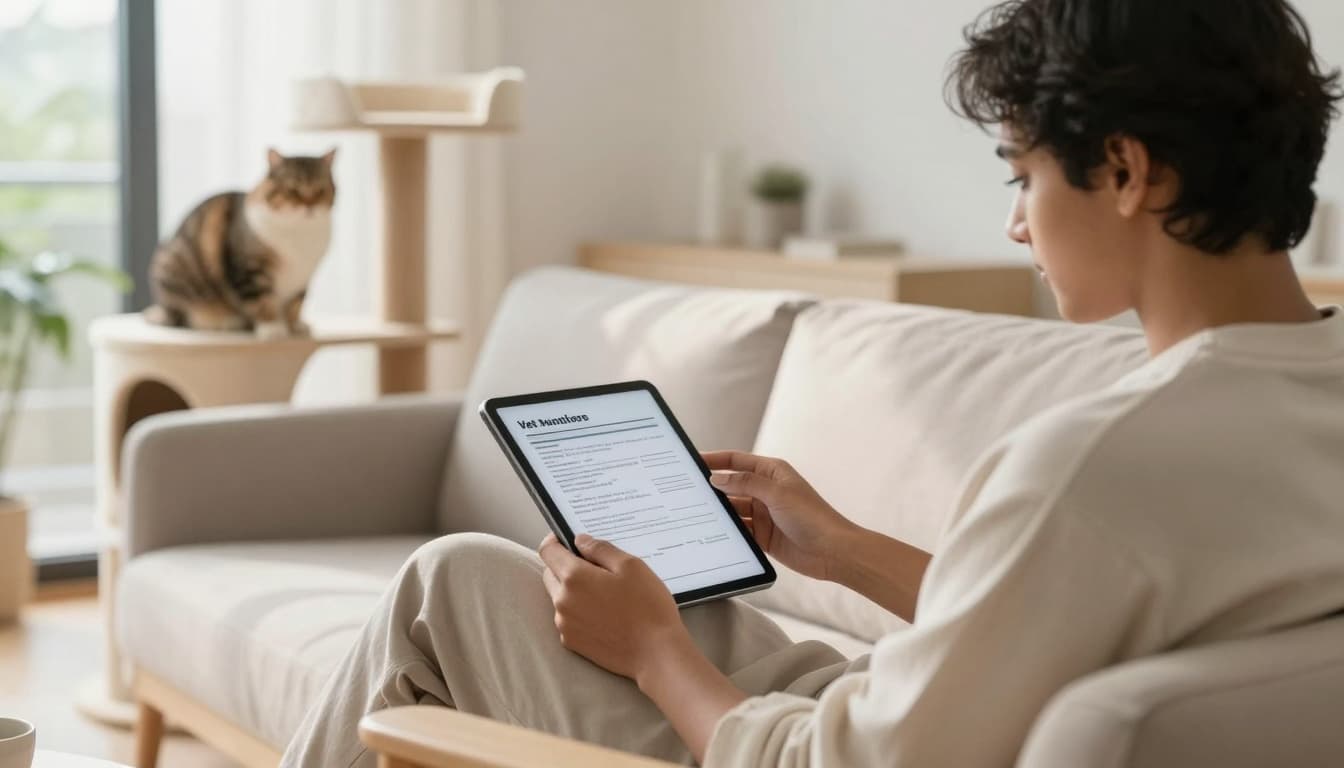 In a bright Scandinavian living room with minimalist decor, a relaxed person sits on a cozy sofa examining a vet bill on a tablet, while their serene cat rests on a premium cat tree nearby. The scene captures a calm, elegant mood with natural light and soft depth of field.