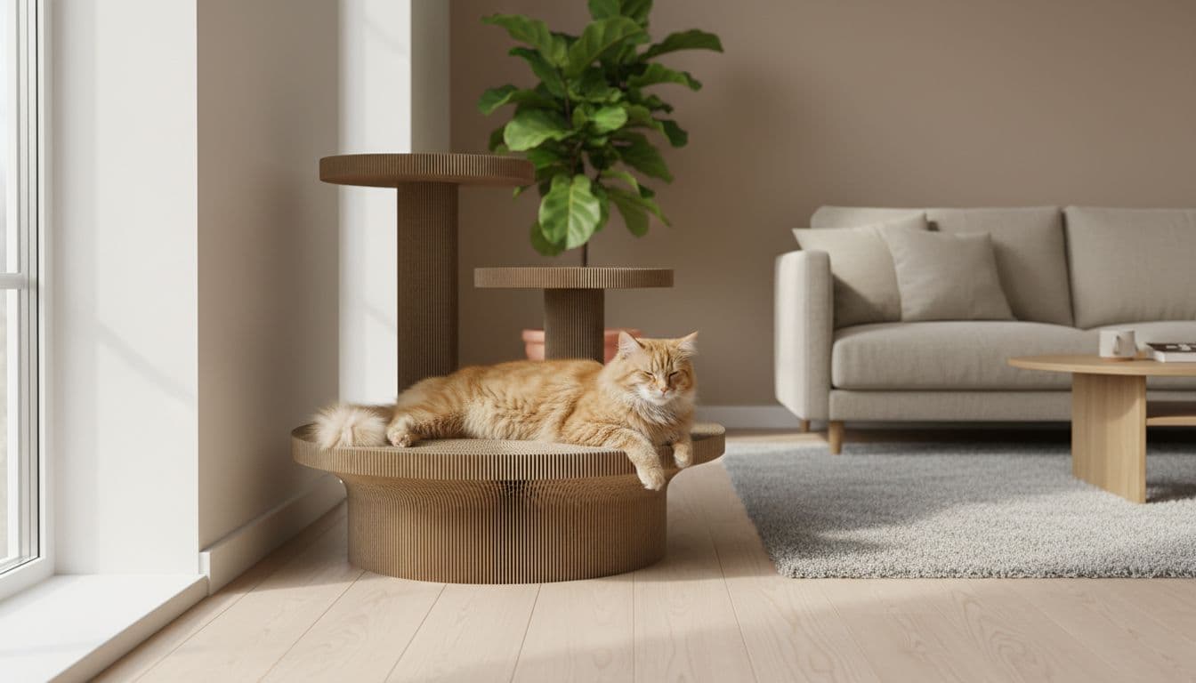 Premium lifestyle photo of a modern Scandinavian living room featuring a wide stable base cardboard cat tree against the wall, with a relaxed cat lounging on the base platform under soft natural light.