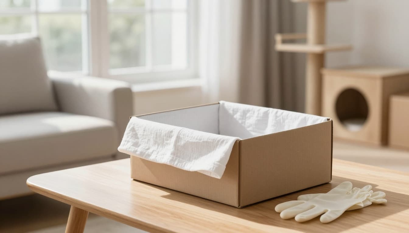 A premium lifestyle photograph in a bright Scandinavian living room featuring a sturdy open cardboard box lined with white linen on a light wooden table, with disposable gloves nearby and a subtle light wood cat tree in the background corner. The scene evokes a serene, respectful, and cozy atmosphere without any animal presence.