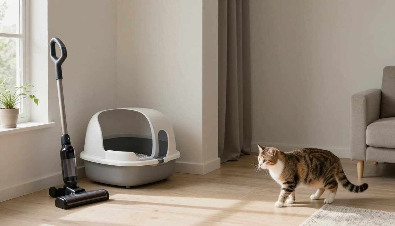 Bright Scandinavian minimalist living room featuring a low-dust litter box in a clean corner, vacuum cleaner nearby on light wood floor, open window for fresh air, and a healthy cat exploring calmly. Neutral beige and grey tones with natural sunlight create a cozy, premium lifestyle atmosphere.