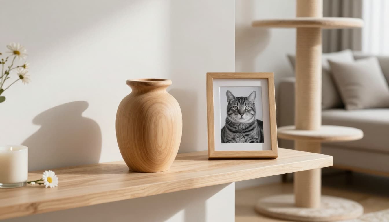 Premium lifestyle photography in Scandinavian style with bright natural light and minimalist decor. A small elegant wooden urn sits on a light wood shelf next to a premium wooden cat tree, beside a framed black and white photo of a serene senior tabby cat, with subtle flowers and a candle for gentle remembrance.