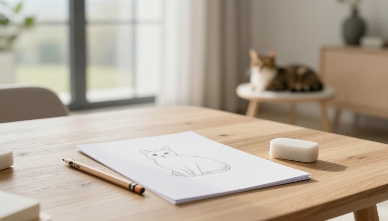 In a modern minimalist Scandinavian living room bathed in natural light with neutral tones of beige, light wood, and soft gray, a light wood table displays a sharpened HB pencil, a 2B pencil, smooth white paper with a light cat sketch, and a soft eraser. Blurred background shows an elegant stable Meowood cat tree with a resting cat, evoking a cozy premium lifestyle atmosphere with soft natural shadows and shallow depth of field focused on the tools.