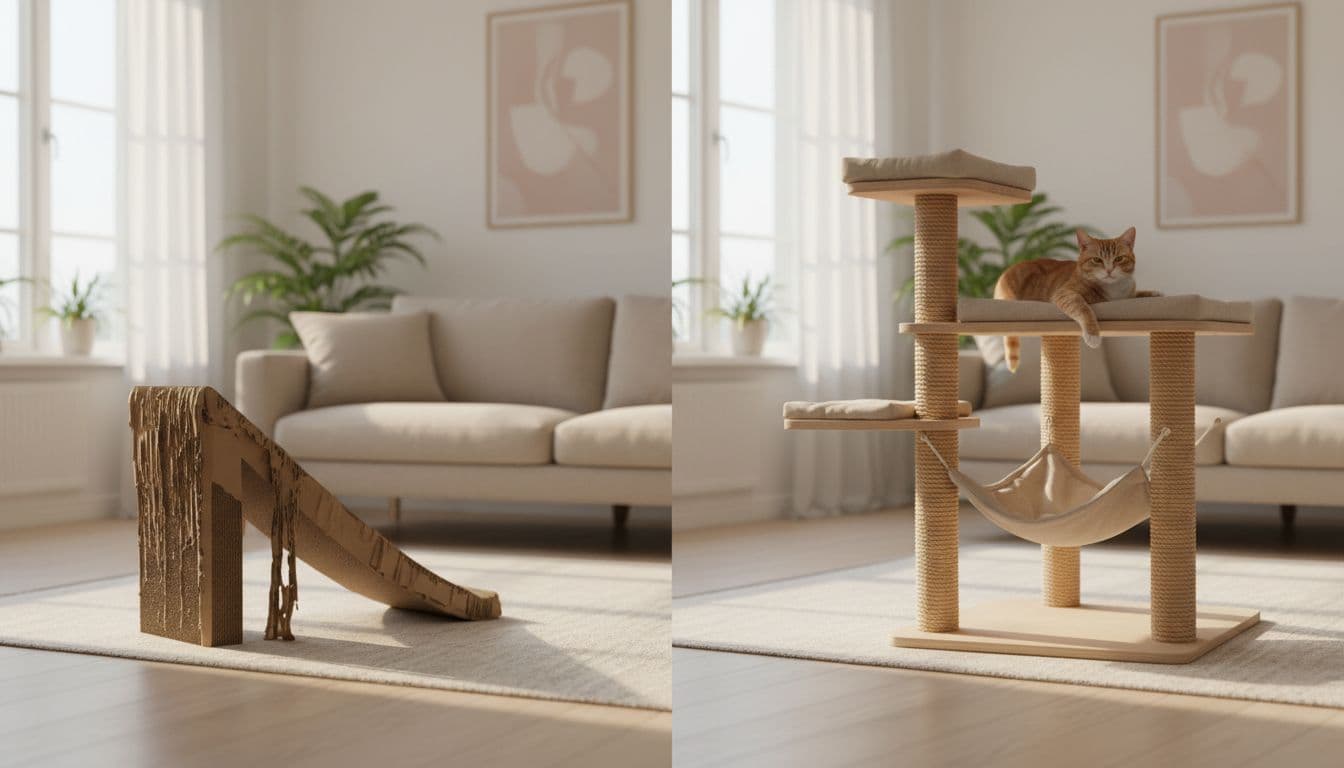 Elegant minimalist Scandinavian living room featuring a side-by-side comparison of a worn cardboard cat tree and a premium wooden one with sisal posts, hammocks, and a relaxed cat lounging on the sturdy version.