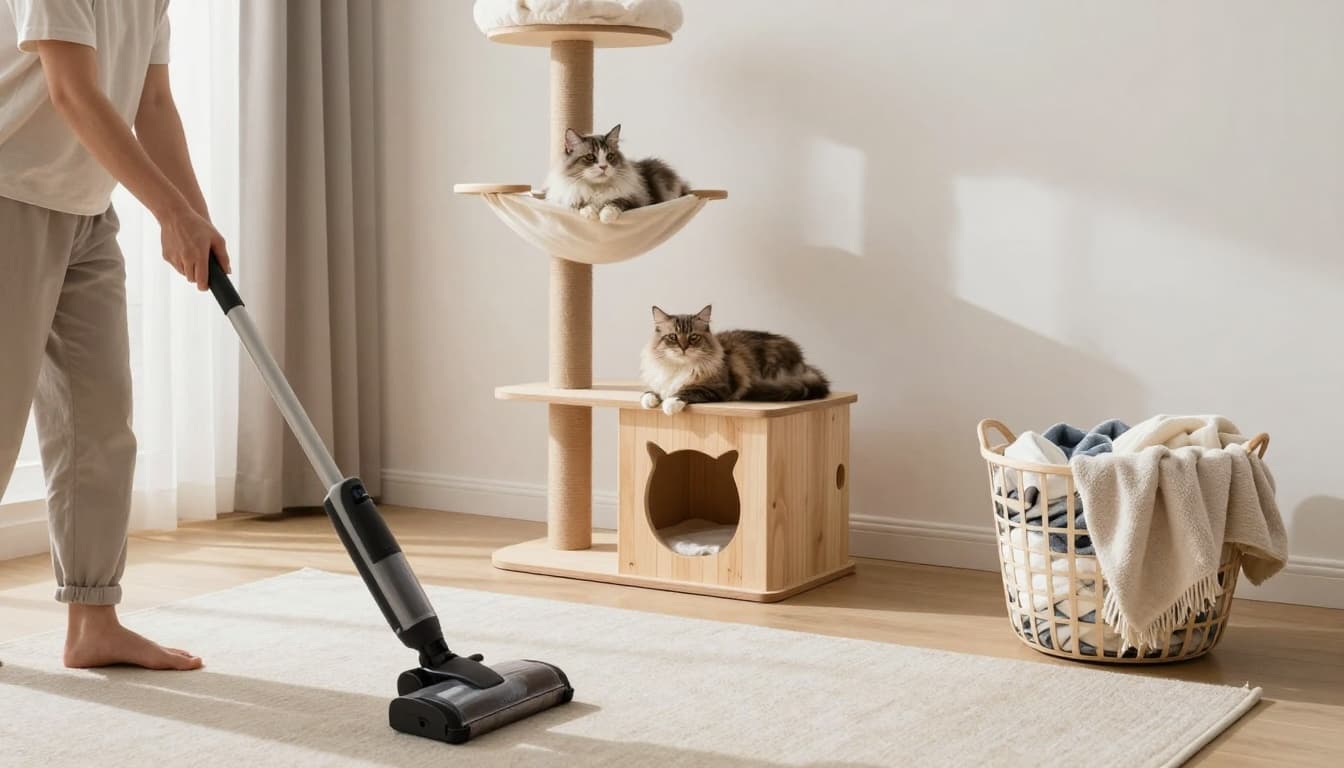 Bright Scandinavian minimalist living room featuring a premium multi-level wooden cat tree with two fluffy cats lounging peacefully. Owner vacuums the light carpet nearby with a laundry basket of washed blankets, illustrating effective home flea treatment for multi-cat households.