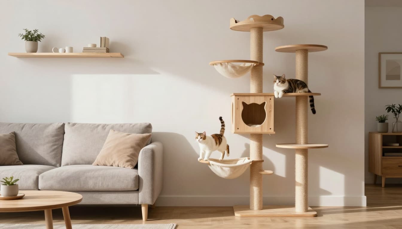 Premium lifestyle photo of a bright Scandinavian interior in a modern small apartment, featuring a seamlessly integrated wooden cat tree with platforms, hammocks, and scratching posts. Two cats playfully climb and rest, emphasizing vertical space use above a compact sofa in neutral beige tones and cozy minimalist decor.