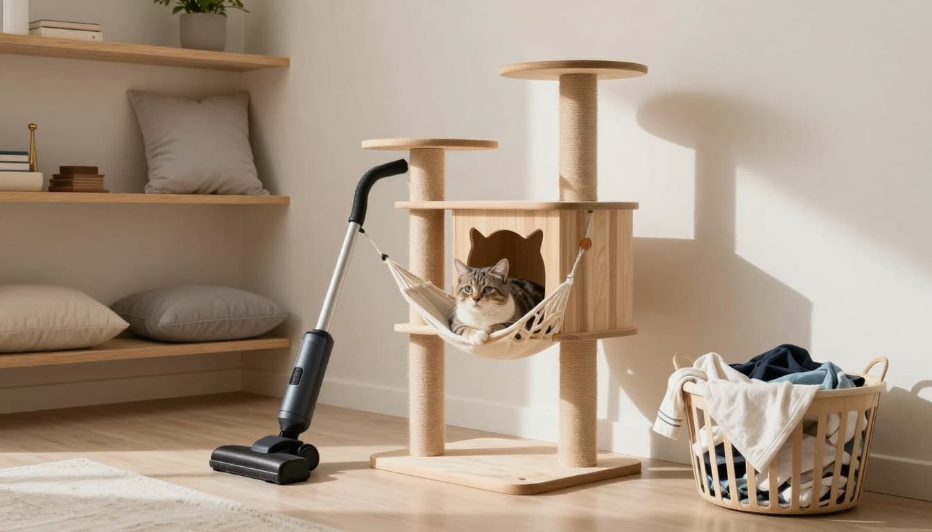 A content cat lounges on a hammock in a sleek wooden cat tree in a bright, minimalist Scandinavian living room with neutral decor, natural light, vacuum cleaner, and laundry basket suggesting flea-free maintenance.
