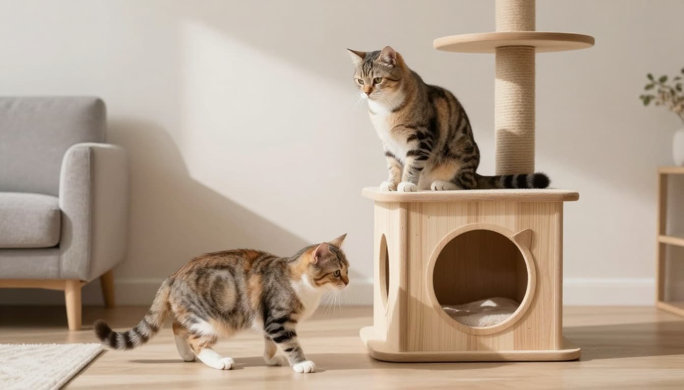 Bright Scandinavian living room with two adult cats interacting gently, one on a light wood cat tree perch and the other approaching from the floor, in a premium lifestyle photography style.