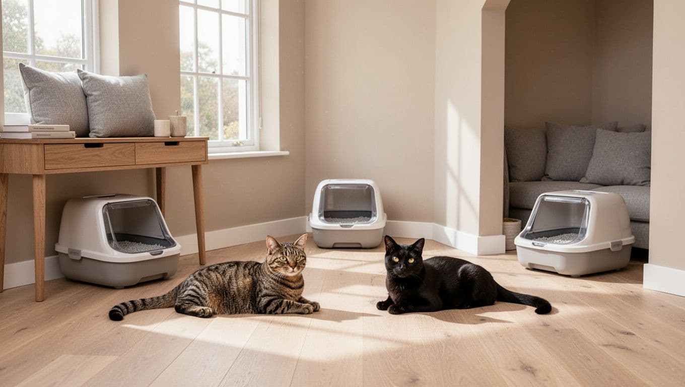In a bright Scandinavian minimalist living room with natural light, a tabby cat and a black cat relax contentedly near three discreet open modern litter boxes in quiet corners, creating a warm, elegant, and harmonious atmosphere.