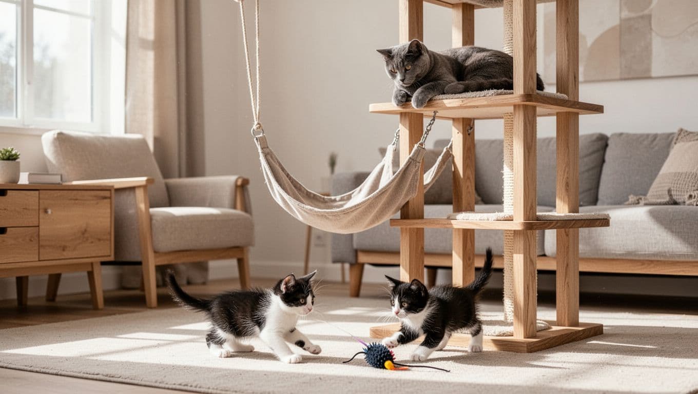 In a bright Scandinavian minimalist living room with neutral tones and light wood furniture, an adult grey cat rests relaxed on a premium solid wood cat tree, overlooking an energetic black and white kitten playing with a toy on the floor nearby.