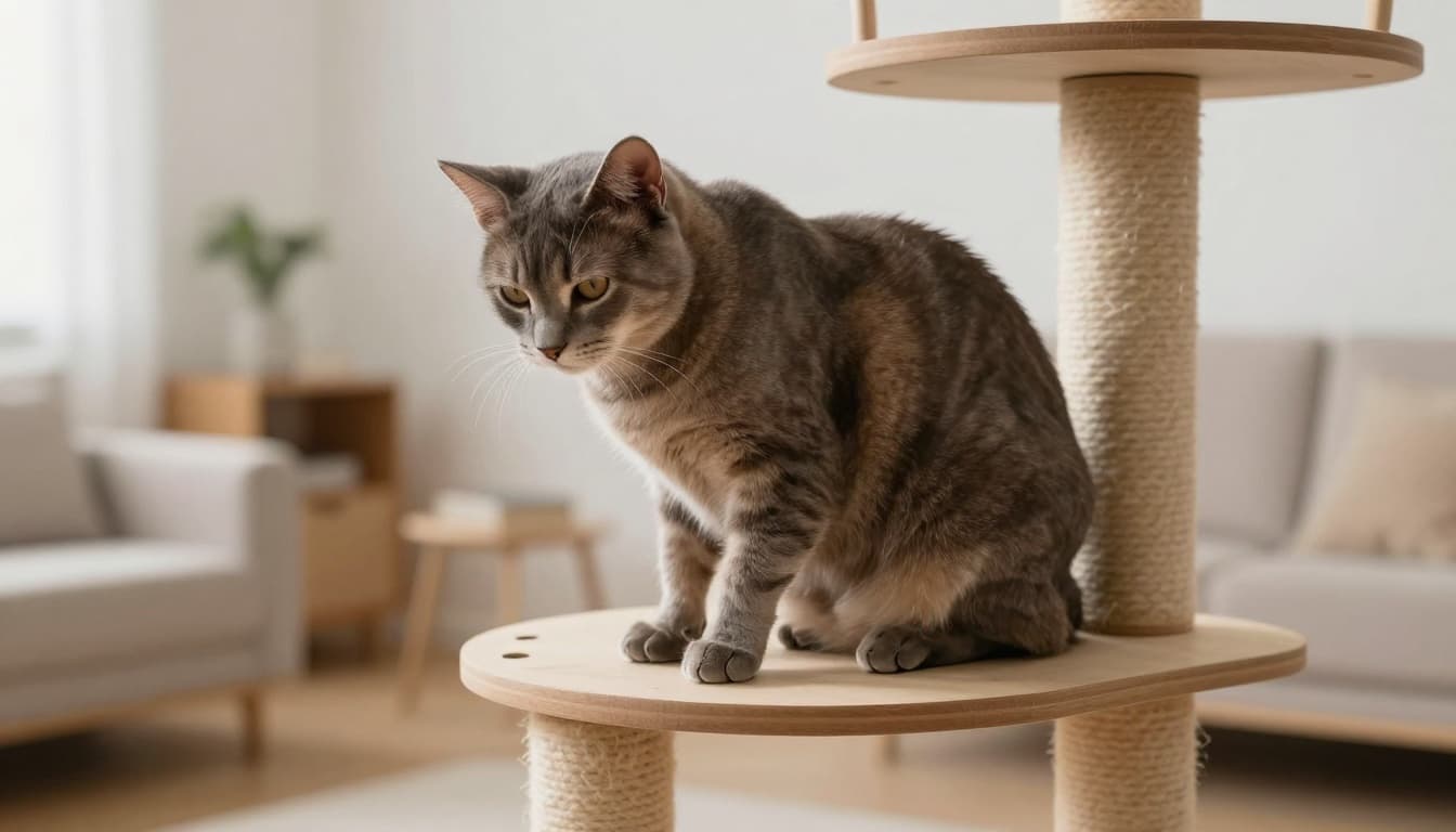 In a bright Scandinavian minimalist living room filled with natural light and neutral tones, a sleek adult cat with dull matte fur and a subtle pot belly sits lethargically on a stylish premium wooden cat tree, displaying a hunched posture of discomfort.