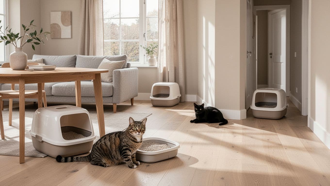 Premium lifestyle photo of a bright, minimalist Scandinavian living room with neutral tones, where a tabby and black cat relax near three discreet, modern open litter boxes in quiet corners.