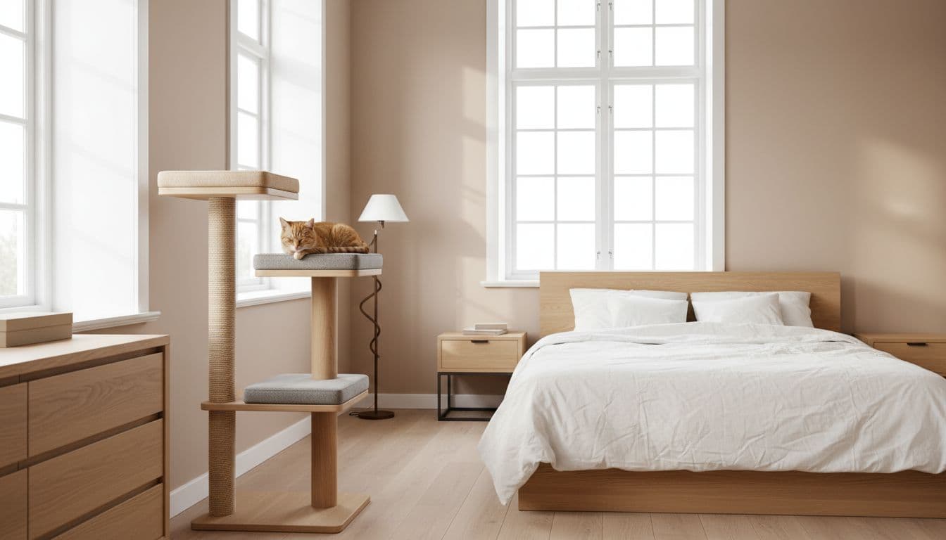 Premium lifestyle photo of a minimalist oak cat tree with sisal posts and neutral platforms blending into a bright, cozy Scandinavian bedroom. A relaxed cat lounges on the platform amid natural light, neutral tones, and elegant decor.