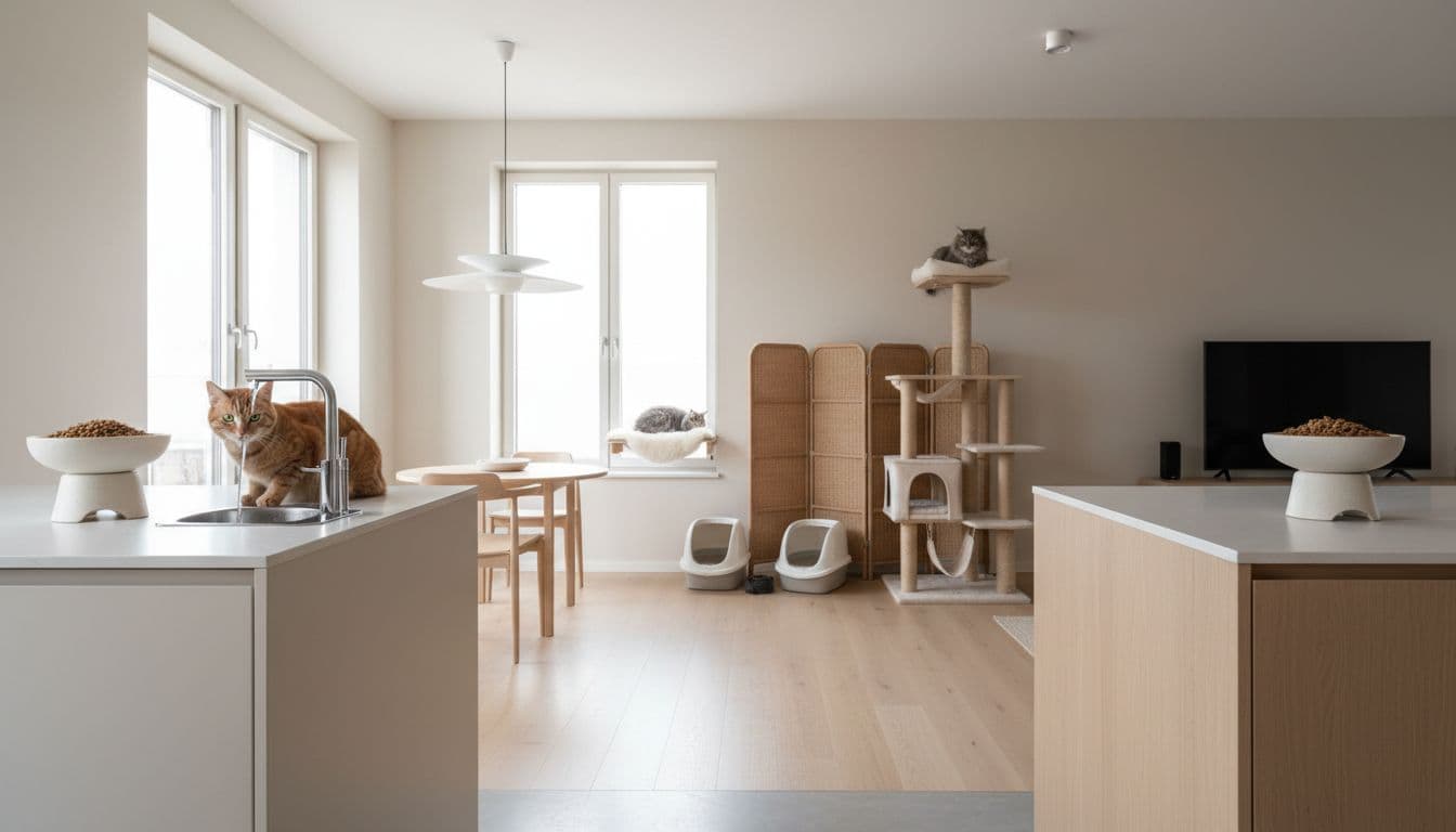 Bright modern Scandinavian apartment interior with separate elevated food bowls, litter boxes, and cozy beds for multiple cats to prevent conflicts, featuring a tabby cat at a water fountain and a gray cat lounging.