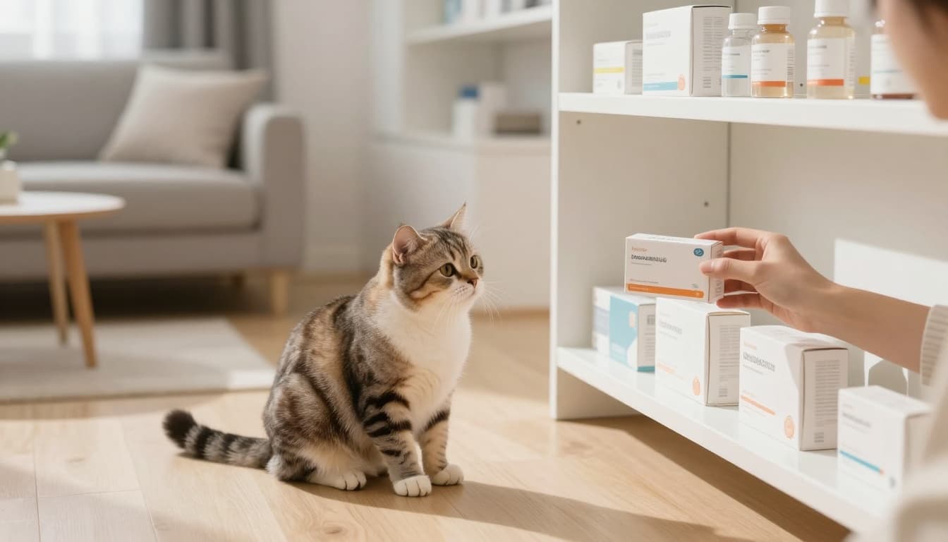 Bright Scandinavian pharmacy or modern home interior shows a person picking a small box of pet medication from a shelf, with a playful cat nearby on light wood floor in neutral beige-grey tones and warm natural light.