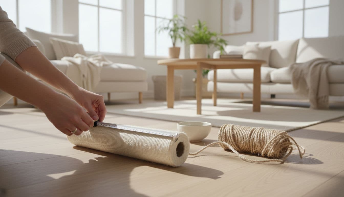 In a bright minimalist Scandinavian living room with light wood and beige tones, hands measure sisal rope against a clean cat scratching post using a tape measure, coiled rope nearby.