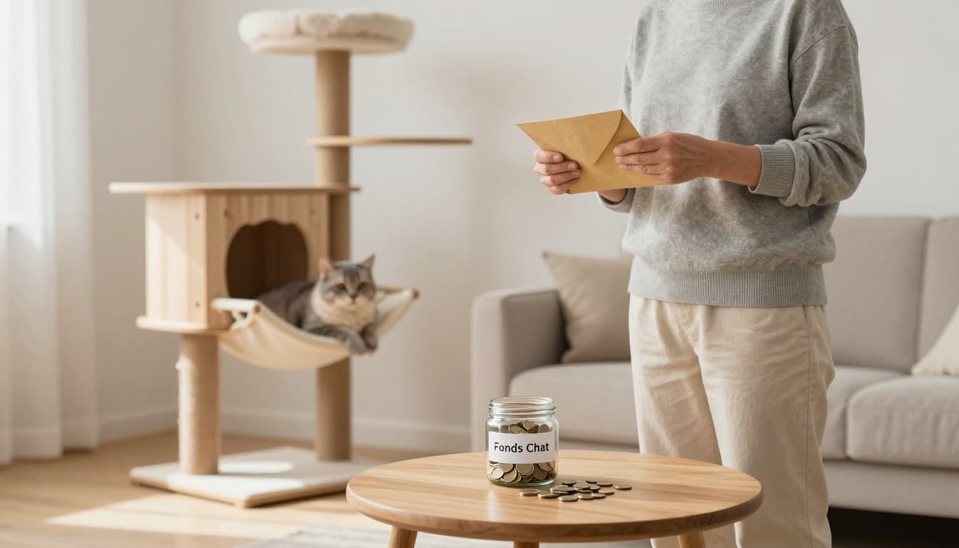 Premium lifestyle photo of a cozy Scandinavian living room where an owner holds a 'Fonds Chat' savings jar near a wooden side table, with a relaxed senior cat lounging on a stylish Meowood wooden cat tree blending into the minimalist decor.