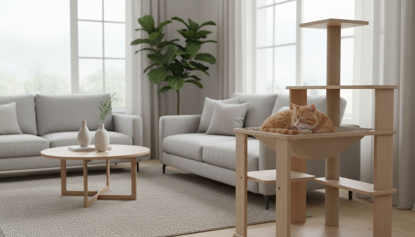 Modern Scandinavian living room with an elegant tabby cat sleeping curled in a hammock on a sturdy wooden cat tree, soft natural light and calm atmosphere.
