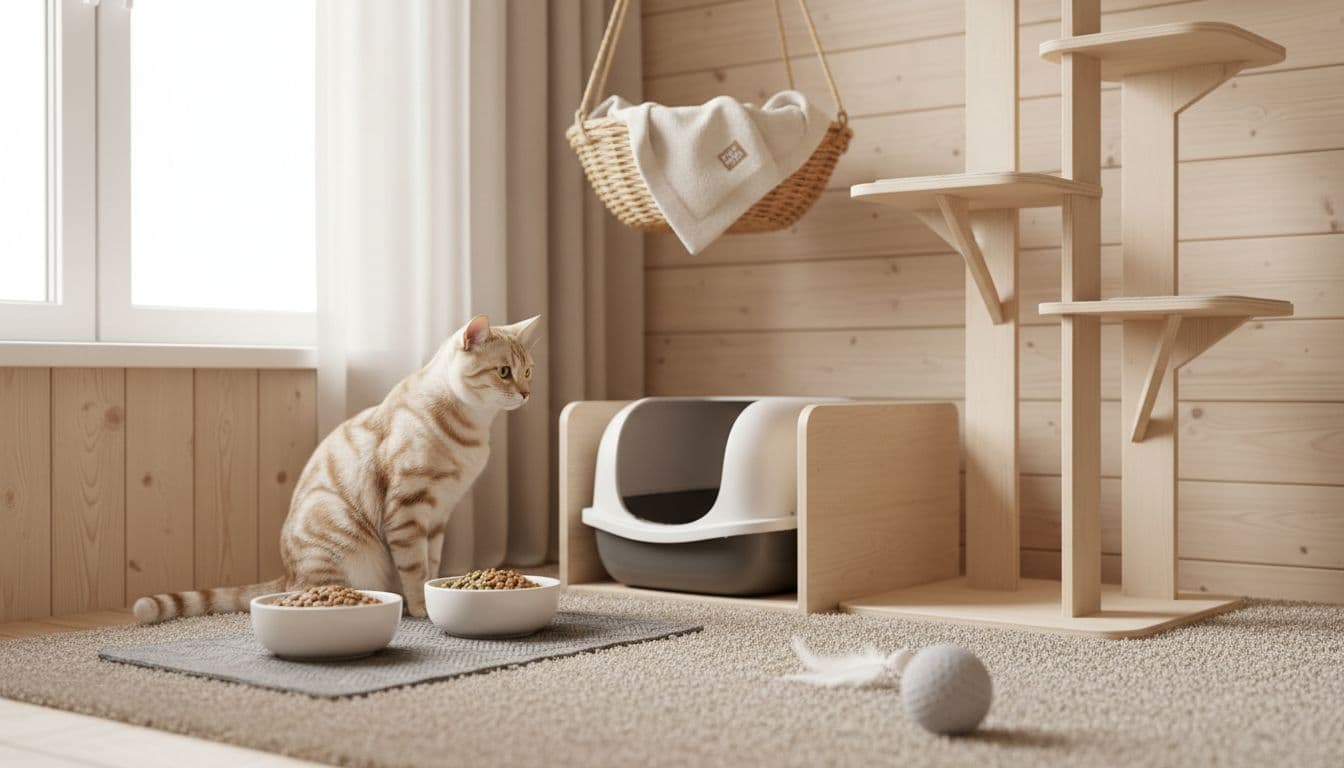 Bright Scandinavian living room corner as stable cat zone with precise food bowls, clean litter box, toys, cozy hammock, and watchful tabby cat on light wooden cat tree.