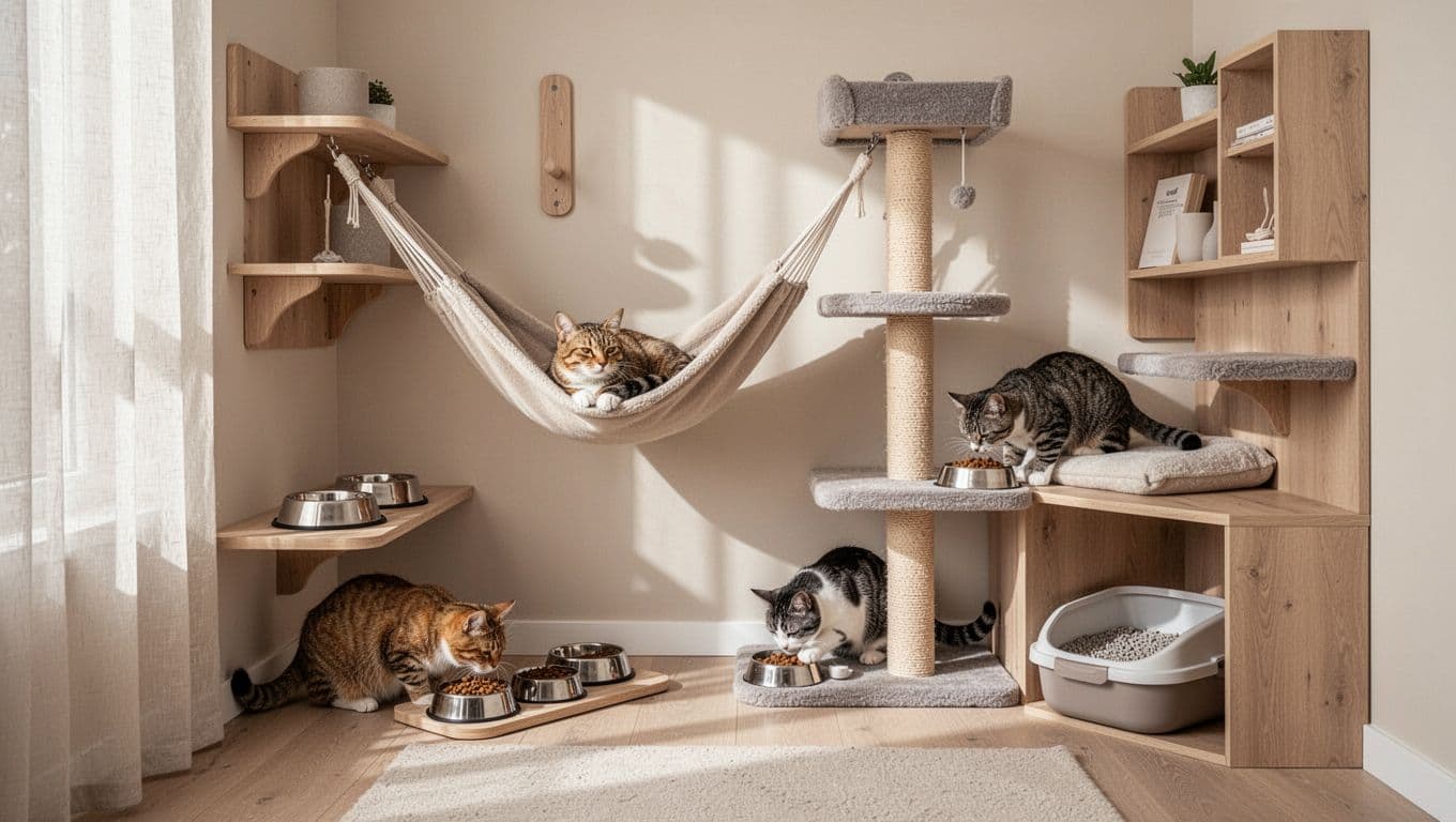 Premium lifestyle photo of a minimalist Scandinavian small studio apartment (20-30 sqm) with exactly three cats cohabiting peacefully: one resting in a high hammock perch, one eating from a separate bowl, and one using a hidden litter box in a corner shelf. Vertical space maximized with wall-mounted shelves, perches, and compact cat tree in neutral beige, light wood, and soft grey tones.