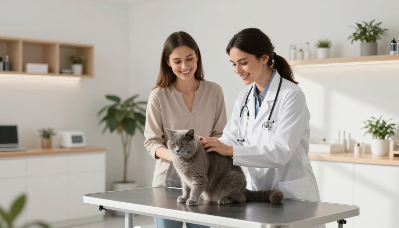 Interior of a premium Scandinavian veterinary clinic where a friendly vet gently examines a calm fluffy grey cat on the exam table, with the smiling owner nearby. Bright natural light, minimalist decor, and plants create an elegant, reassuring atmosphere.