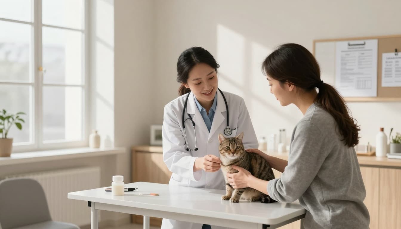 A friendly veterinarian in a white coat discusses cat health with a concerned owner holding a calm tabby cat on the exam table in a bright, minimalist Scandinavian veterinary clinic interior. Natural light streams through large windows, with neutral tones, light wood, and subtle deworming notes in the background creating a warm, reassuring atmosphere.