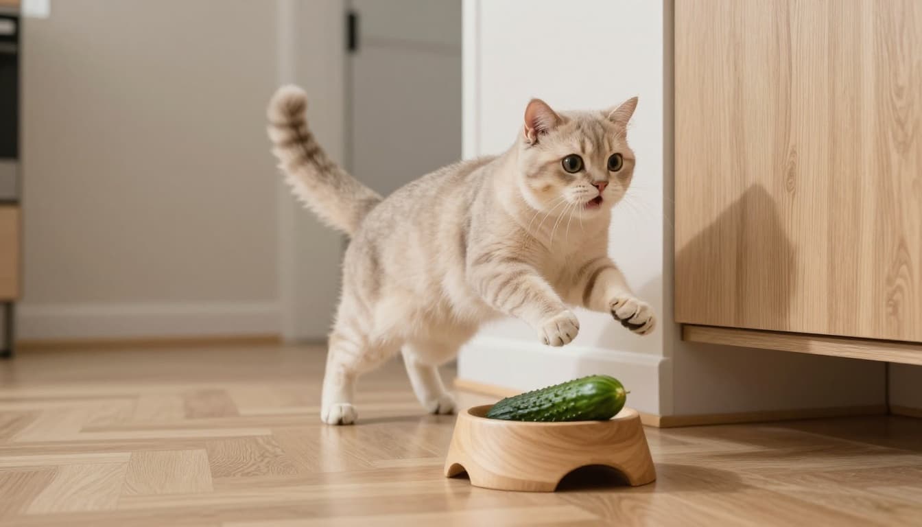 A scared light beige tabby cat with wide eyes leaps high in panic away from its food bowl due to a hidden green cucumber in a bright Scandinavian kitchen.