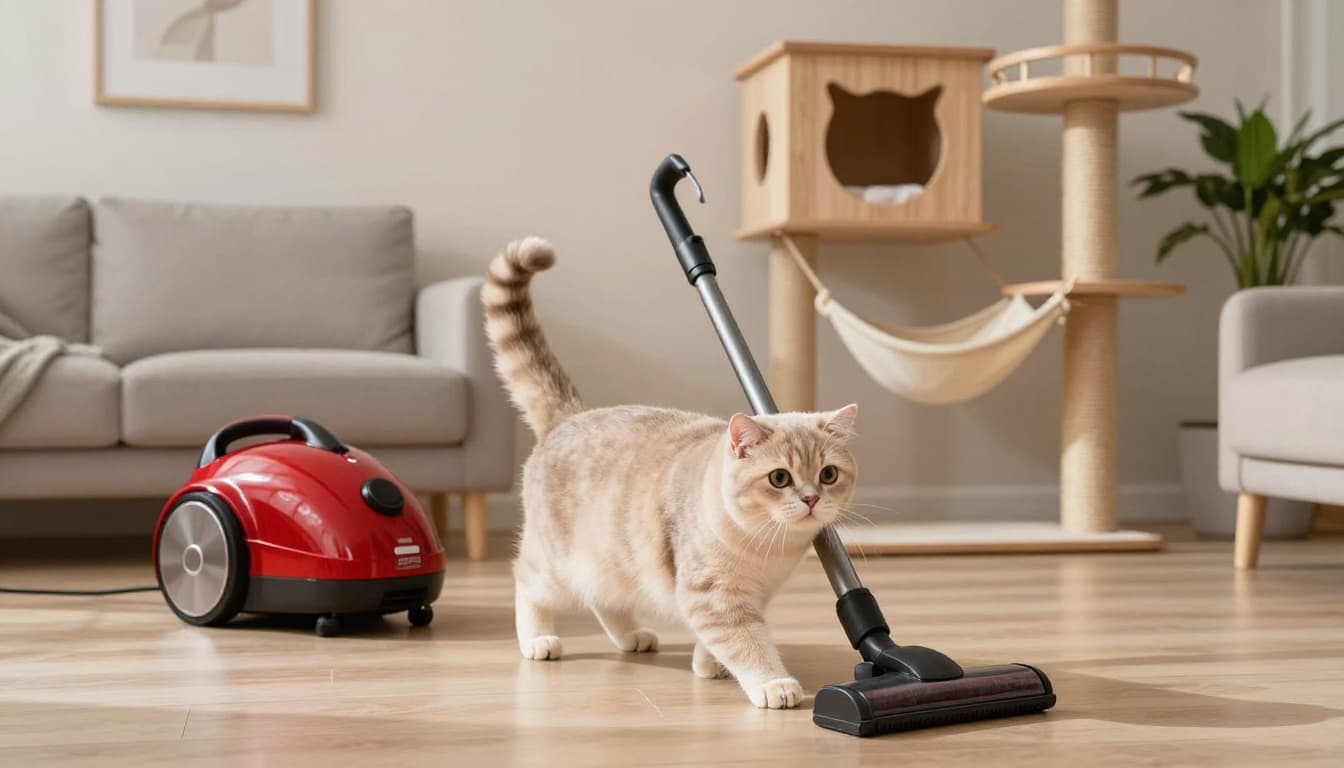 A light beige tabby cat arches its back in fear as a red vacuum cleaner approaches in a bright, minimalist Scandinavian living room with a stylish wooden cat tree.