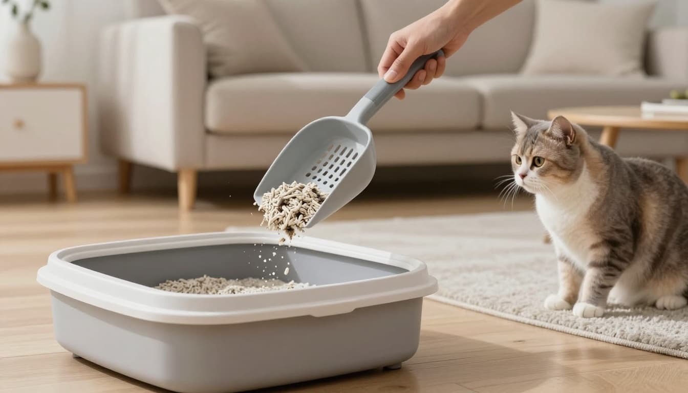 Bright natural light fills a modern minimalist Scandinavian living room as a hand carefully scoops a compact urine clump from an agglomerate litter box, with a serene cat watching from a nearby rug.