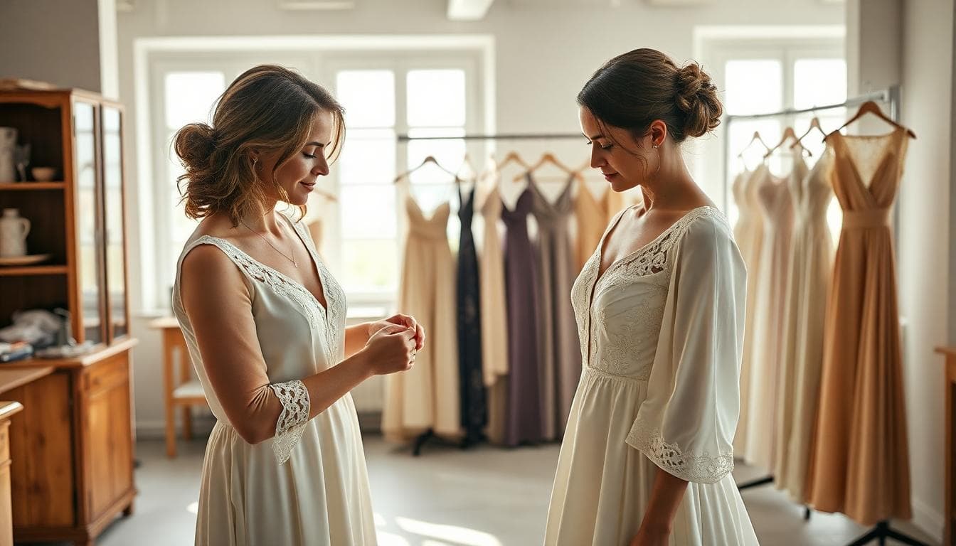 Couturière ajustant une robe de mariée minimaliste dans un atelier lumineux, avec des modèles prêt-à-porter en arrière-plan
