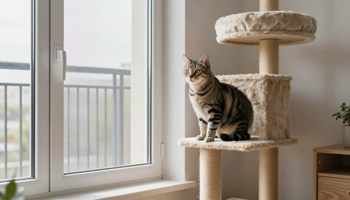 Tabby cat perched on premium cat tree in elegant Scandinavian living room with window safety net and closed balcony door, bright light, calm protective vibe.