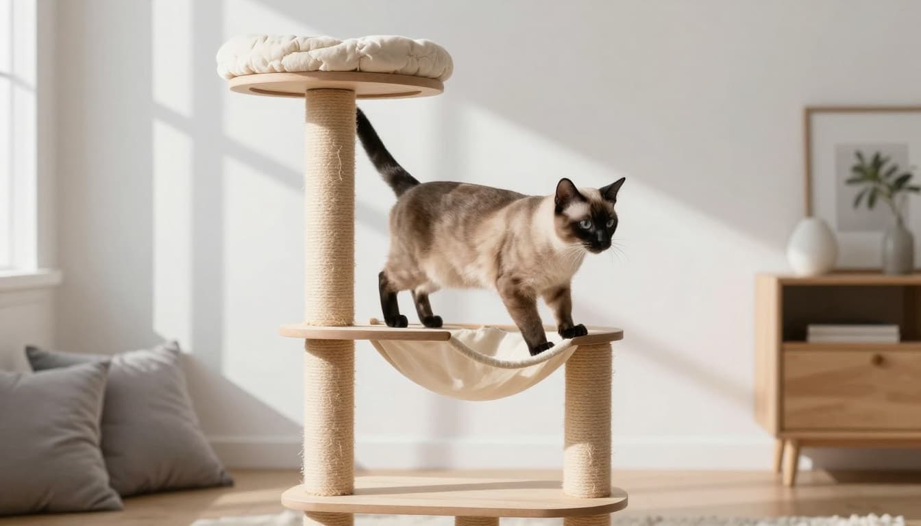 A senior Burmese cat climbs effortlessly on a premium solid wood cat tree featuring stable platforms, hammocks, and scratching posts in a bright Scandinavian living room with natural light and minimalist decor.