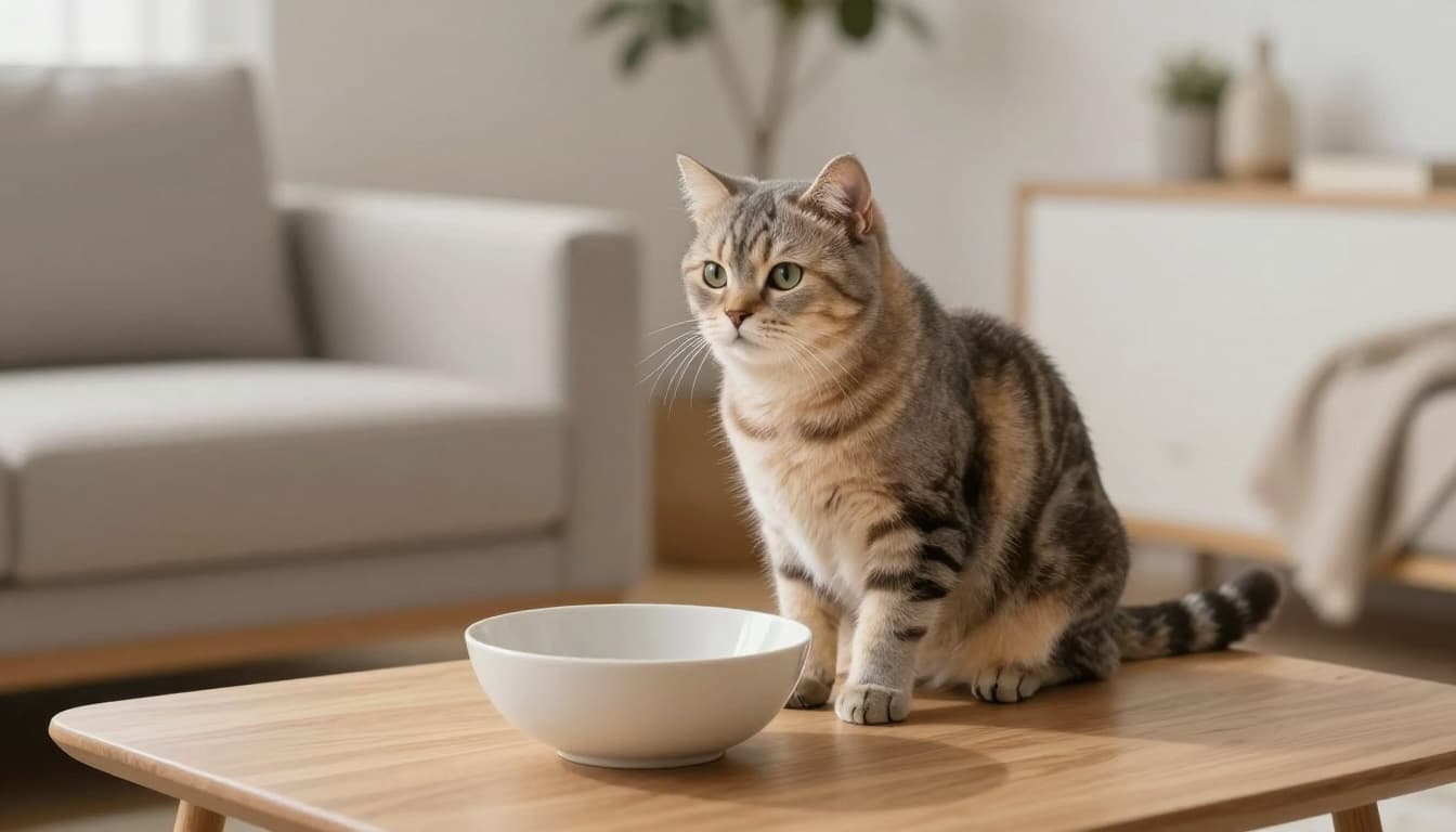 A peaceful senior cat drinks fresh water near an elevated bowl in a warm Scandinavian interior with soft natural light, light wood furniture, neutral beige and light gray tones, and modern minimalist decor.