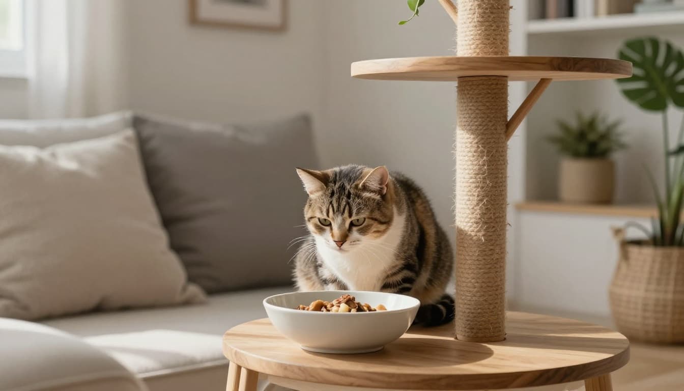 A graceful senior cat enjoys a meal from an elevated bowl in a warm, minimalist Scandinavian living room bathed in soft natural light, near a stylish cat tree.