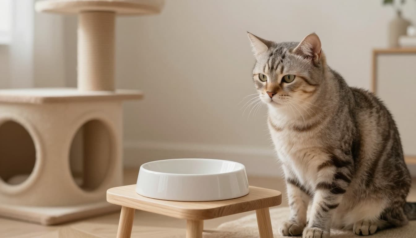 In a warm minimalist Scandinavian interior with natural light and beige tones, a senior cat looks away uncomfortably from an empty bowl on an elevated stand near a premium cat tree, evoking subtle frustration in a high-end lifestyle photo.