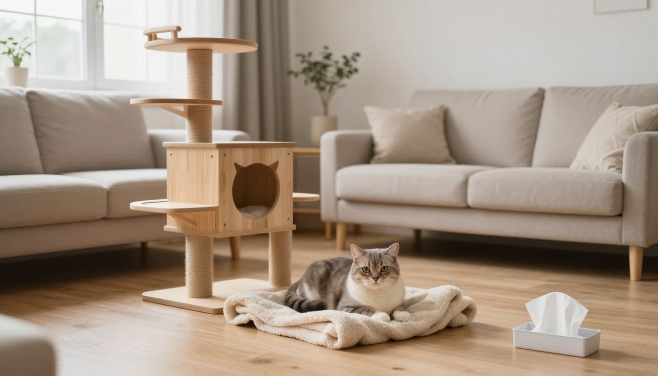 A cozy modern Scandinavian living room prepared for a gentle home veterinary visit, featuring a senior cat resting on a soft blanket near a premium wooden cat tree. Soft natural light illuminates the minimalist decor, creating a warm, peaceful atmosphere.