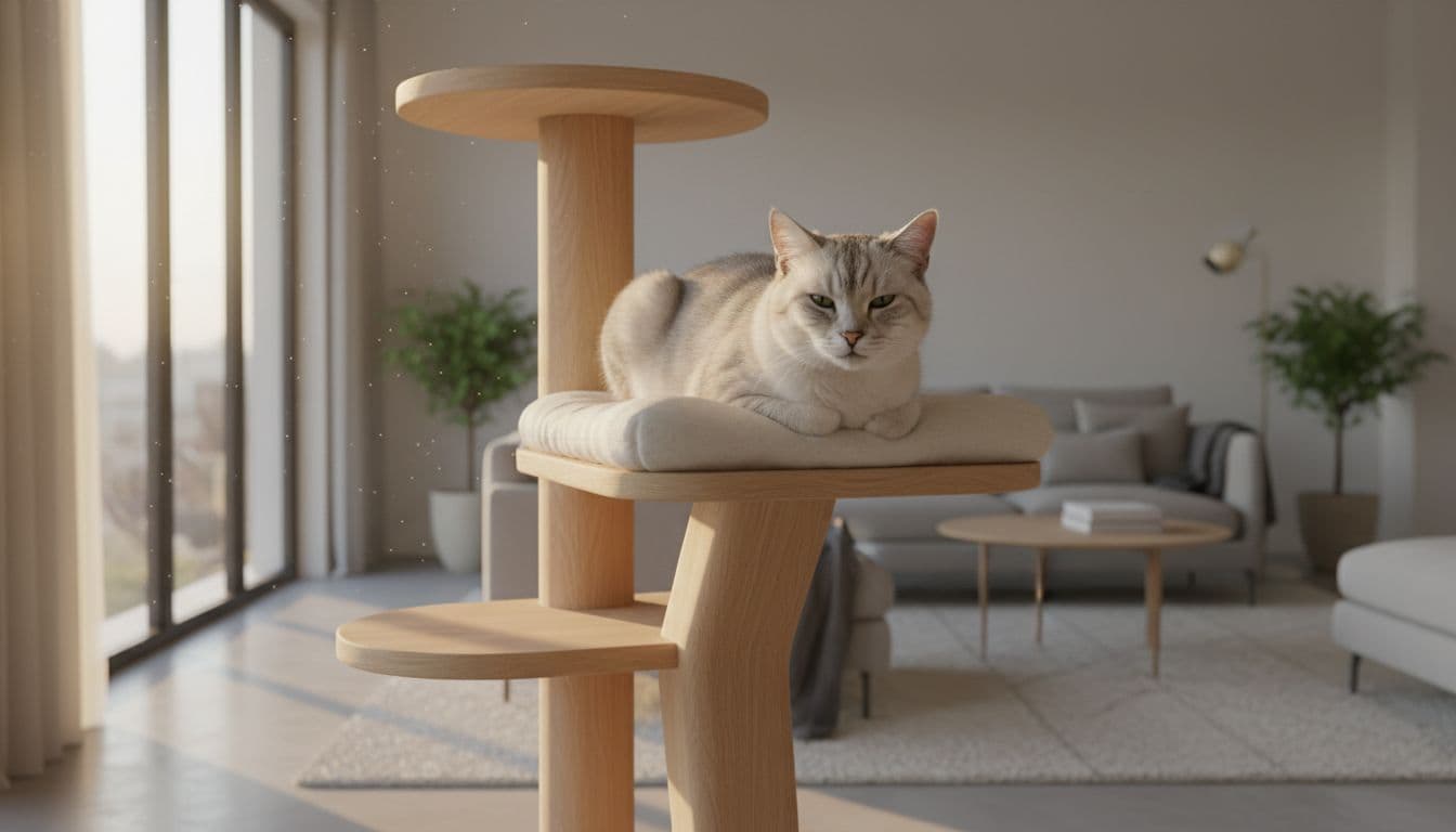 A wise 14-year-old senior cat with graying fur rests comfortably on a premium light wood cat tree in a bright minimalist Scandinavian living room bathed in natural morning light.