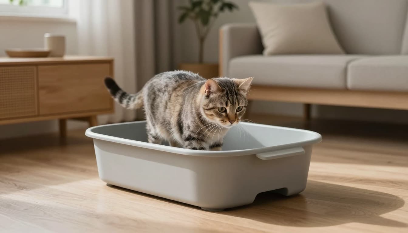 In a light-filled modern Scandinavian interior, a senior cat effortlessly enters a spacious, low-sided litter box designed for easy access and comfort, surrounded by minimalist wood furniture and neutral tones.