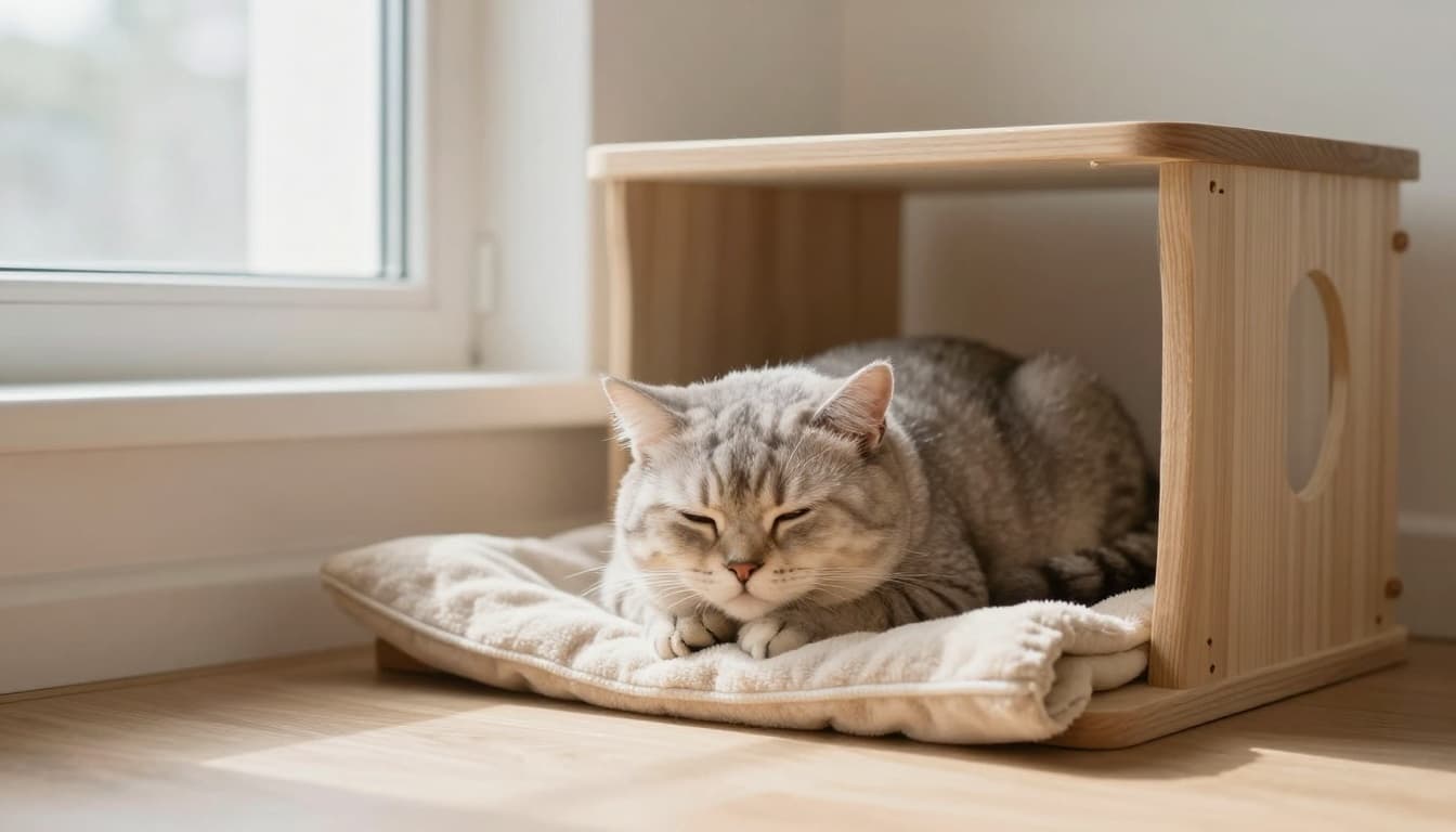 A senior cat lies quietly in a cozy corner nook of a minimalist Scandinavian bedroom with soft natural light. The cat appears fatigued with lowered head and paws tucked under on a soft blanket near a wooden cat perch, evoking a warm, peaceful atmosphere.