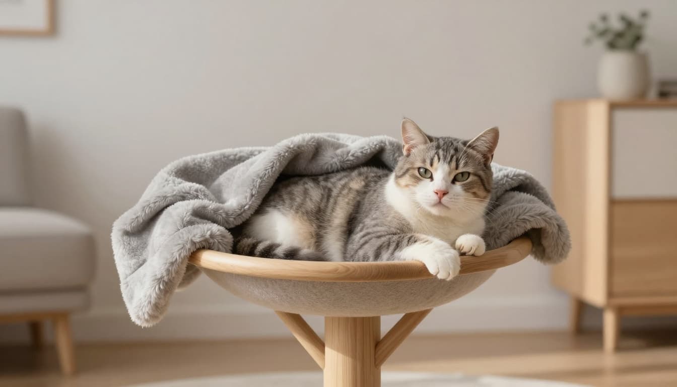A serene senior cat rests comfortably on a stable perch of a designer cat tree in a cozy corner of a Scandinavian living room in winter, bathed in soft natural light with warm beige, light wood, and gray tones.
