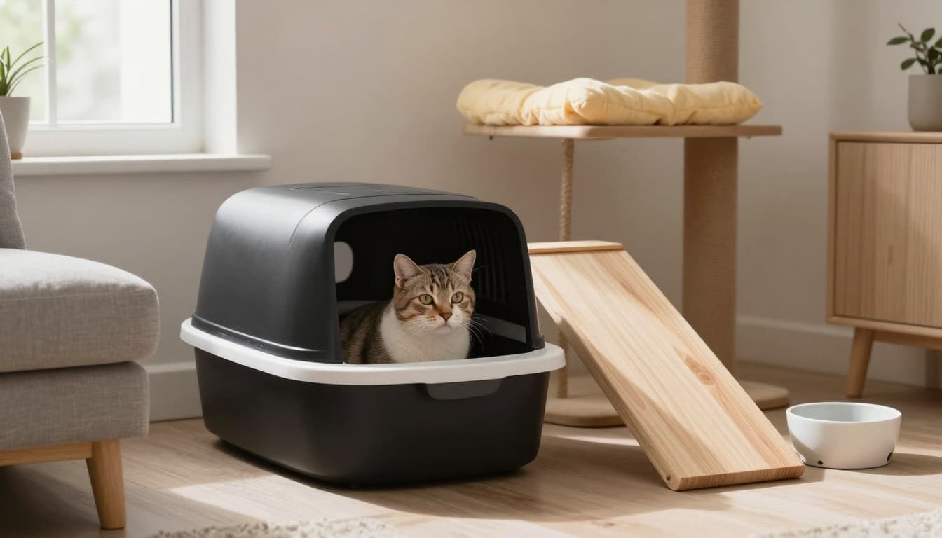 A cozy and accessible setup for an elderly cat in a modern Scandinavian living room, featuring a low-sided litter box, ramp to a wooden cat tree with warm bedding, shallow water bowl, soft cushions, minimalist light wood decor, and natural light.