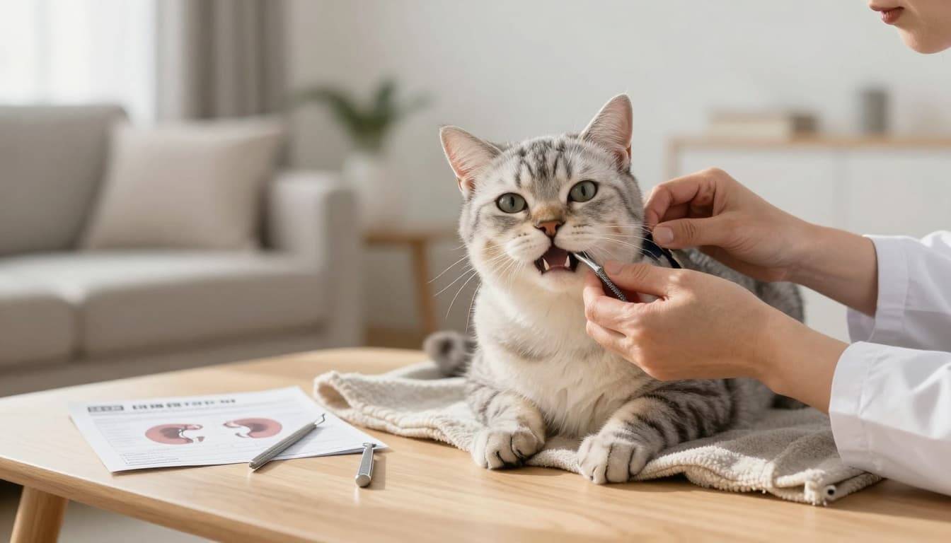 A senior cat receives gentle dental care from a vet in a calm Scandinavian home setting, with kidney health chart nearby, emphasizing preventive care in soft natural light.