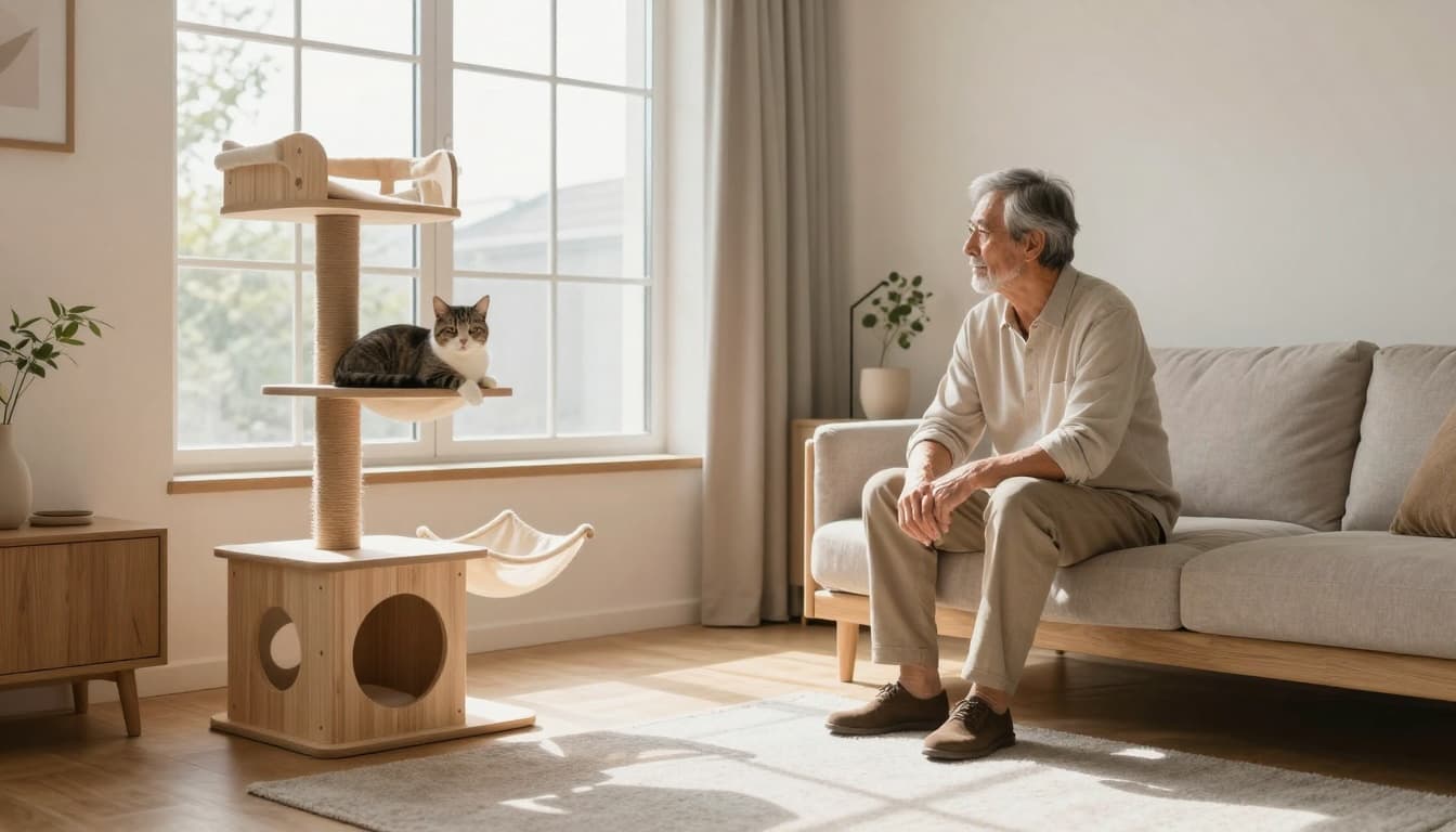 A thoughtful owner sits calmly in a modern Scandinavian living room as a senior cat rests peacefully on a premium wooden cat tree. The cozy atmosphere highlights their connection with minimalist decor and natural light.