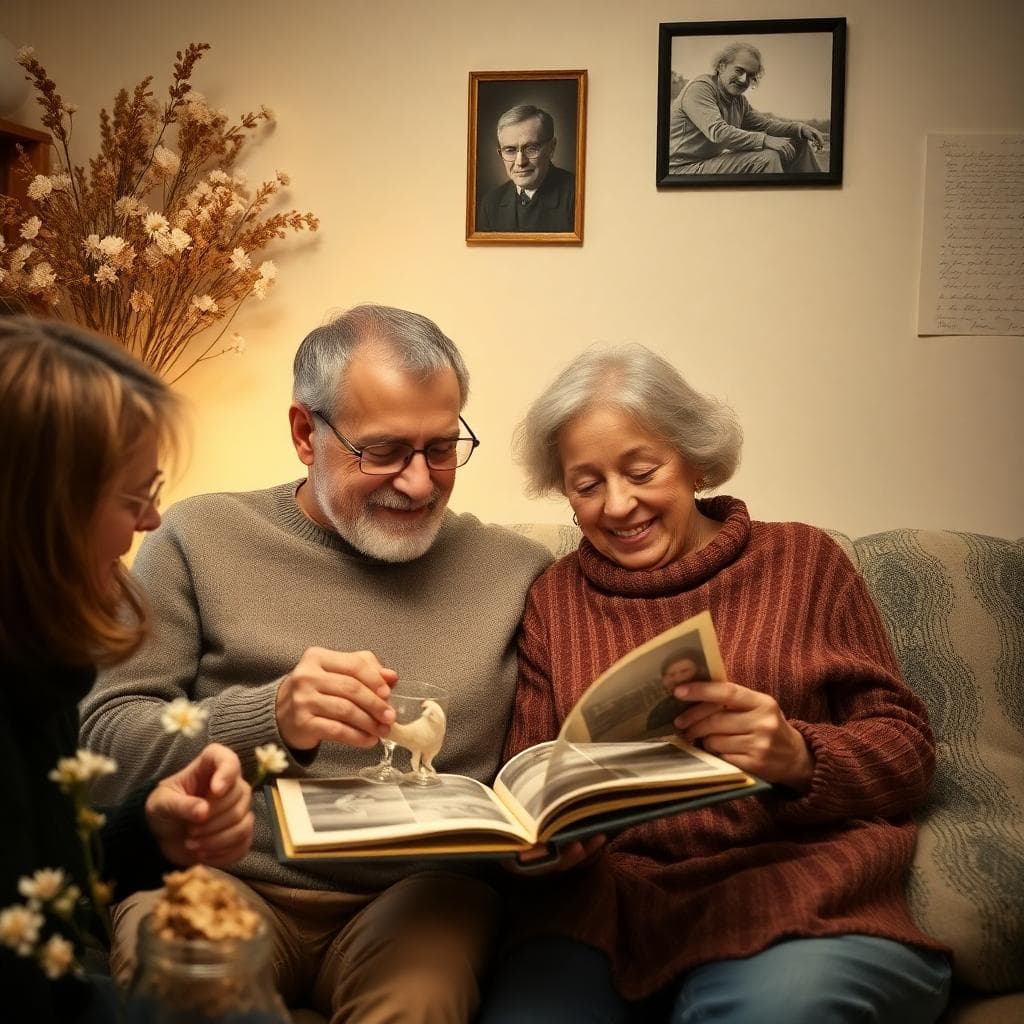 Famille réunie autour d’un album photo ancien, ambiance bohème et intime, cadre et lettre posés à côté