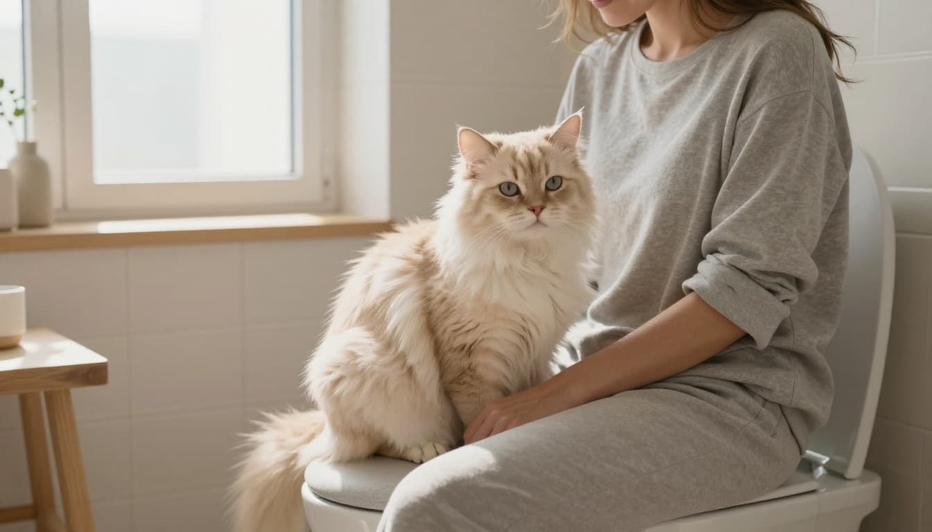 An affectionate senior long-haired cream-colored cat with fluffy fur sits calmly next to its owner on a modern toilet in a bright Scandinavian-style bathroom. Warm natural light illuminates minimalist decor, evoking comfort and cozy routine.