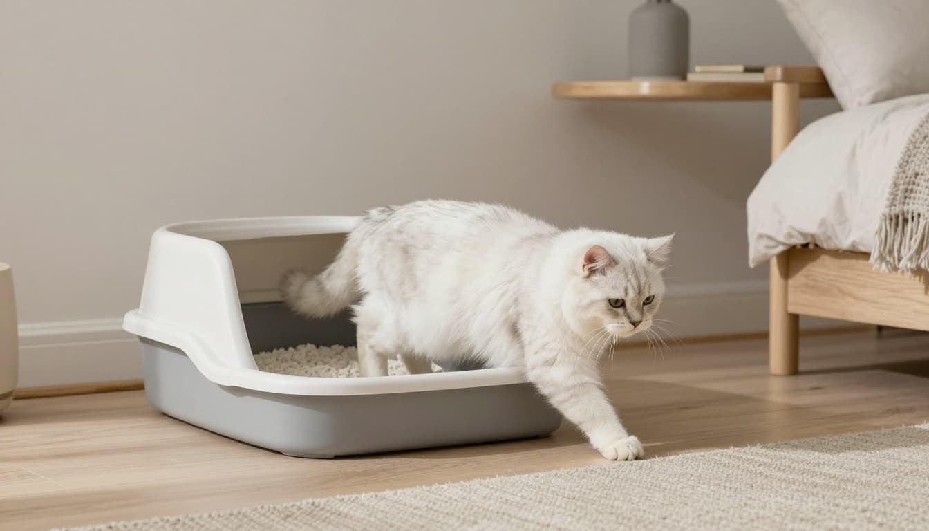 An older fluffy white senior cat with graceful posture easily enters a spacious low-sided litter box in a cozy minimalist Scandinavian bedroom with natural light and neutral tones.