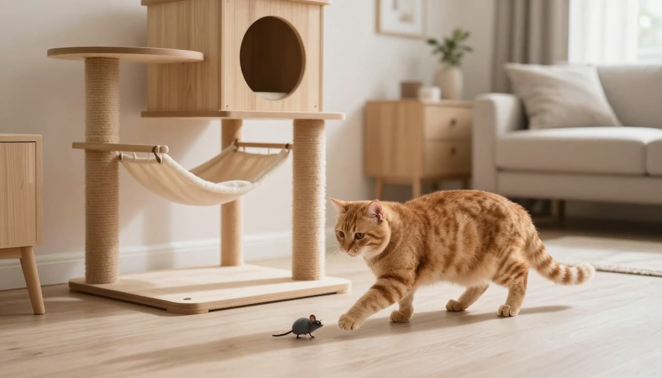 A senior ginger cat gently engages in play with a small toy mouse near a premium wooden cat tree in a warm, cozy Scandinavian apartment living room. The image features bright natural daylight, minimalist neutral tones, and an elegant, inviting atmosphere.