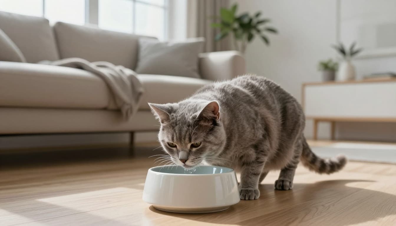 A senior gray cat with dull fur and tired expression drinks excessively from a ceramic water bowl in a bright Scandinavian minimalist living room. The cat appears lethargic and thin, indicating illness, captured in premium lifestyle photography style.