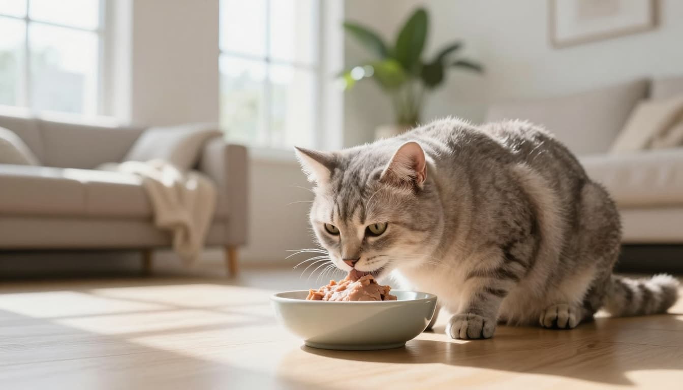 An elderly senior cat with soft gray fur and wise expression gently eats soft wet pâté from a wide shallow ceramic bowl on a light wooden floor in a bright modern Scandinavian living room filled with natural sunlight and minimalist decor.